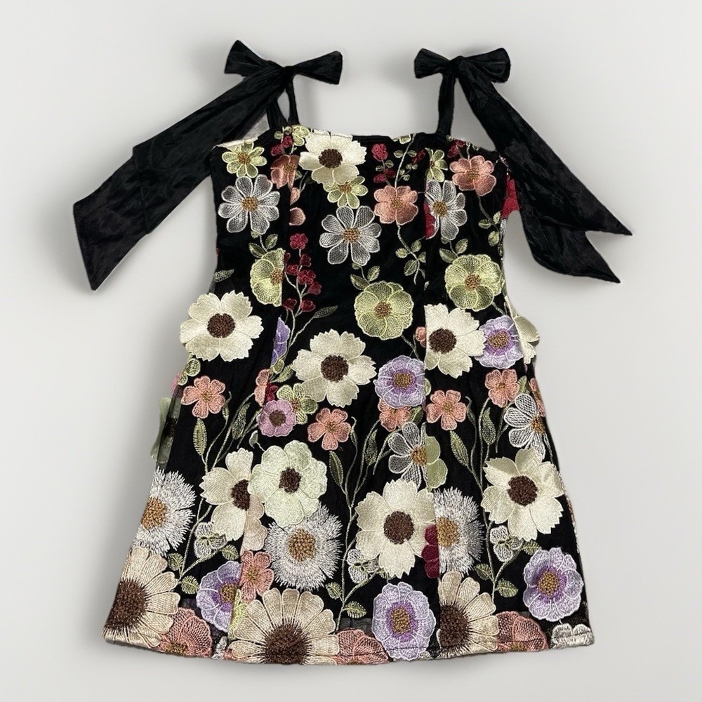 Lulus Made With Love Black Dress 3D Color Floral Embroidered Tie-Strap Mini Sz-M - Picture 4 of 8
